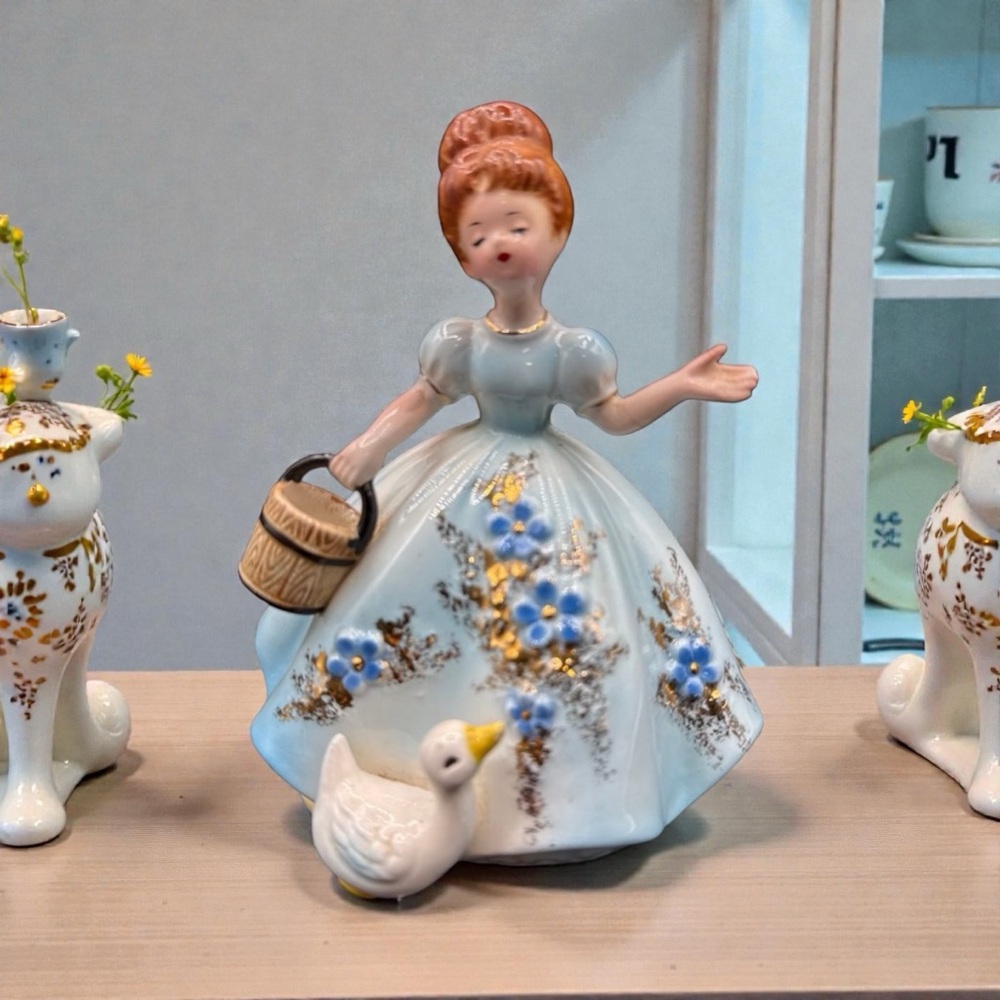 JOSEF ORIGINALS Vintage Musical Girl  Bucket  Duck/Goose Blue Figurine Rare